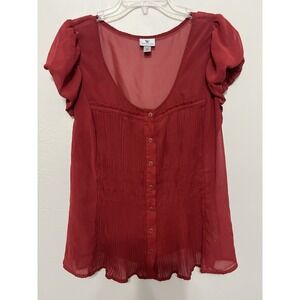 Worthington‎ Red Sheer Pleated Smocked Button Front Flutter Sleeve Blouse XL